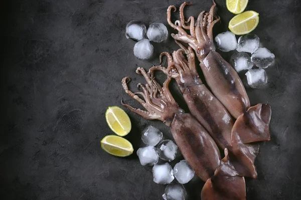 Karanlık granit zemin üzerine taze çiğ bütün kalamar. Üstten Görünüm.