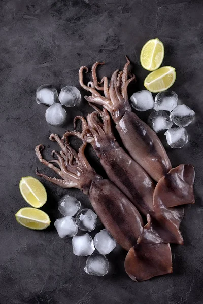 Karanlık granit zemin üzerine taze çiğ bütün kalamar. Üstten Görünüm.