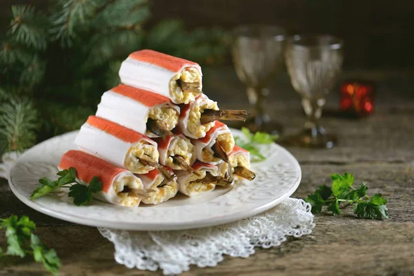 Crab Sticks Stuffed Melted Cheese Boiled Eggs Sprats Mayonnaise Sauce — Stock Photo, Image