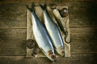 Eski ahşap arka plan antika el ağırlıkları ile ringa balığı balık tuzlu. Rustik tarzı.