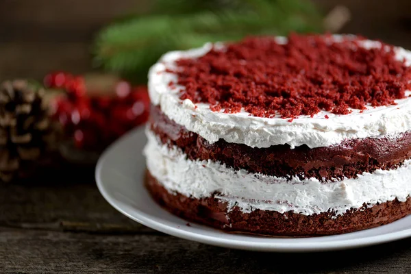 Tarta Casera Terciopelo Rojo Fondo Navidad — Foto de Stock