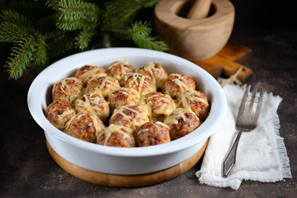 Bolas Carne Con Arroz Cebollas Horno Con Queso Deliciosa Abundante — Foto de Stock