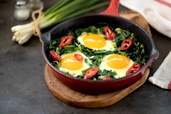 Shakshuka Verde Sănătos Spanac Ceapă Verde Cilantro Pătrunjel Chilipertsem Ulei — Fotografie, imagine de stoc