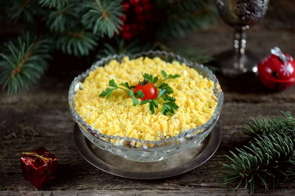 Traditional New Years Russian Salad Mimosa Cannad Fish Potatoes Cheese — 스톡 사진