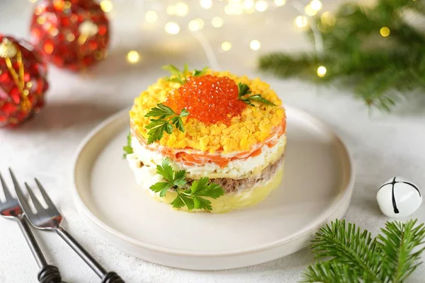 Traditional New Year Russian Salad Mimosa Red Caviar Cannad Fish — Stock Photo, Image