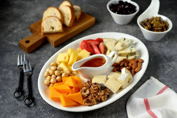 Various Types Cheeses Olives Nuts Fruits Honey Appetizer Wine Party — Stock Photo, Image