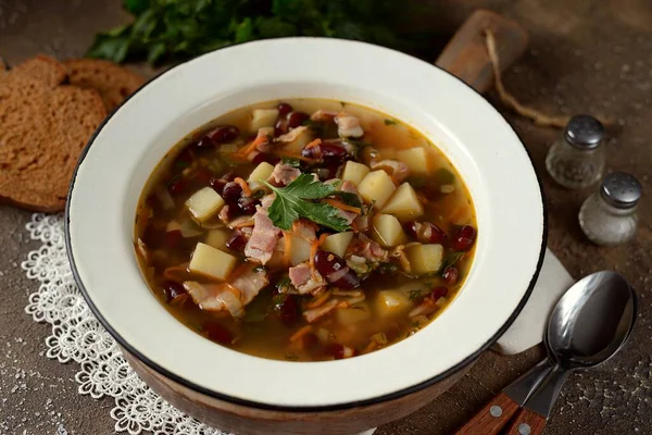 Sopa Con Frijoles Rojos Patatas Tocino —  Fotos de Stock