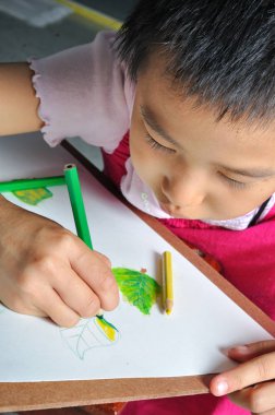 Tatlı küçük Asyalı kız el ile renk penc resmini çizmek