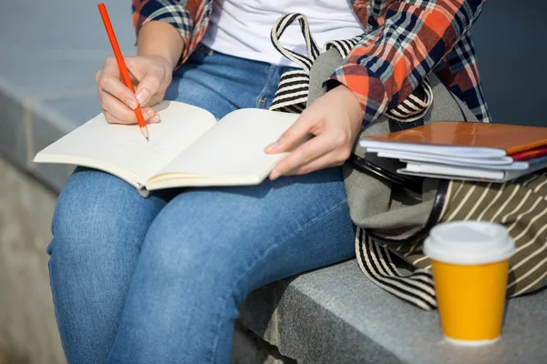 Student girl writing in an open notebook with a pencil — Stock Photo, Image