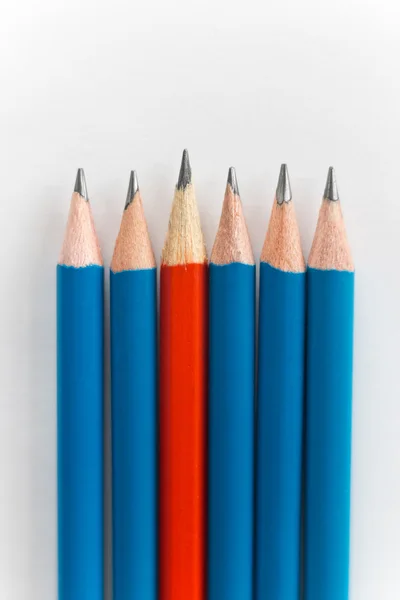 Simple pencils, one red among the blue — Stock fotografie