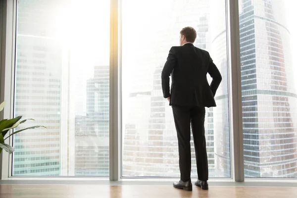 Full length back view of successful businessman in big city