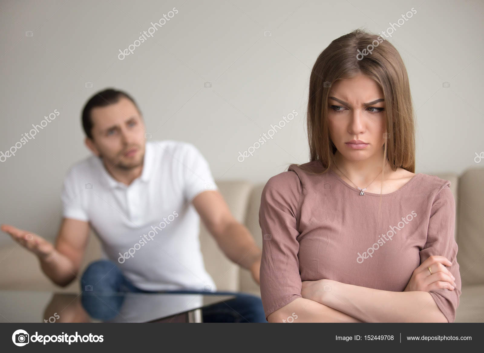 Angry husband mad at wife, unhappy woman frustrated, family conf Stock