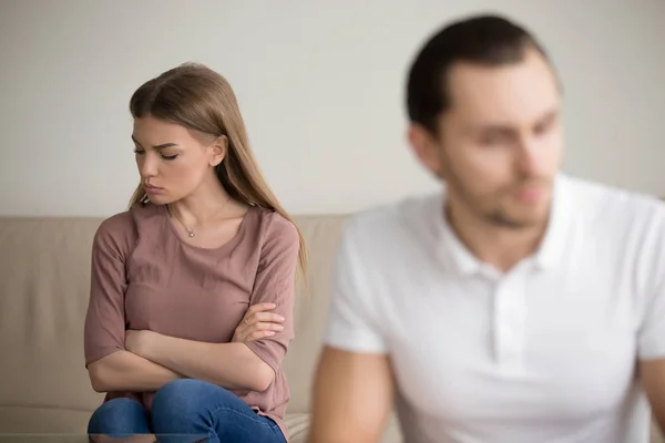 Couple after quarrel, young woman feeling aggrieved offended, ar — Stock Photo, Image