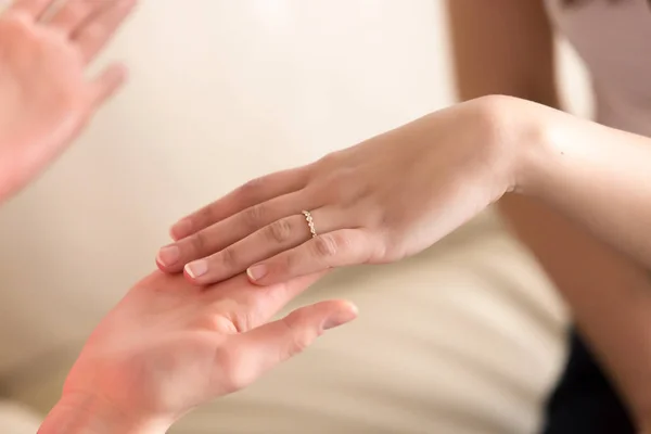 Image of female hand with ring on fourth finger — Stock Photo, Image