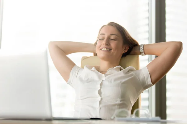 Happy smiling woman feels relaxed in office home, portrait heads — Stock Photo, Image
