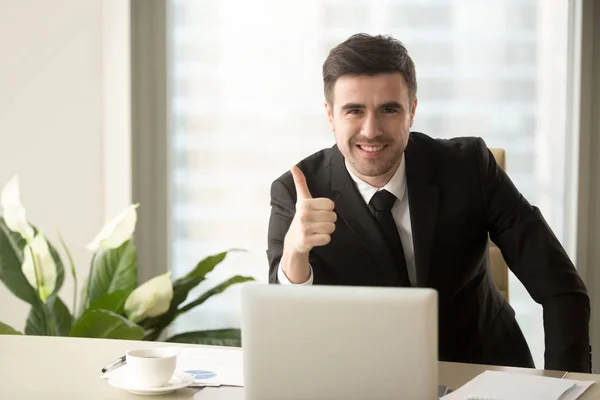 Successful confident smiling businessman looking at camera, show Stock Picture