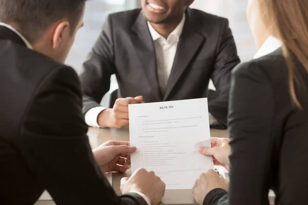 Close up image of resume in hr manager hands — Stock Photo, Image