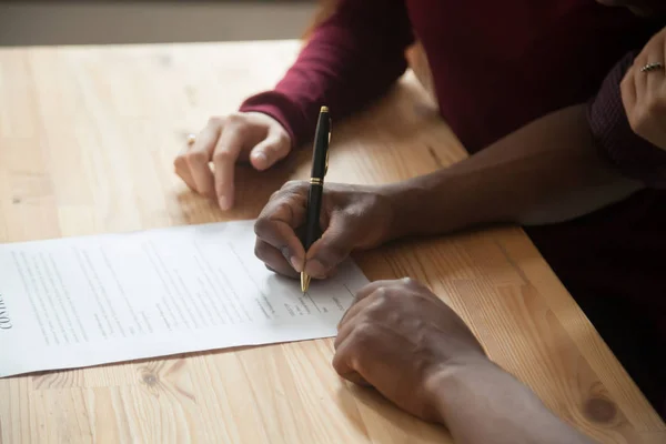 African American Man Signing Contract Black Man Hand Putting Signature — Stock Photo, Image