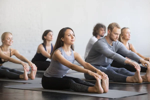 Group of young sporty people in paschimottanasana pose — Stock Photo, Image