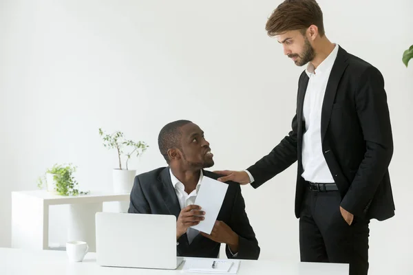 African-american office worker receiving envelope with reward fr — Stock Photo, Image