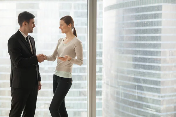 Business signora stretta di mano con il partner in ufficio — Foto Stock