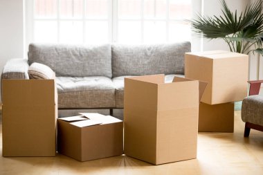 Cardboard carton boxes in living room, packing and moving concep