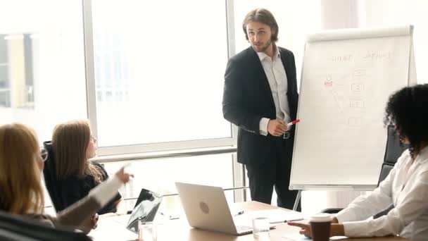 Уверенный бизнесмен делает презентацию на флипчарте коллегам в зале заседаний — стоковое видео