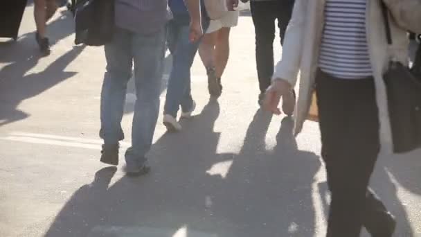 Persone irriconoscibili che camminano lungo la strada affollata trafficata, vista posteriore — Video Stock