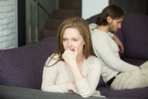 Sad disappointed woman thinking of divorce after fight with husb — Stock Photo, Image