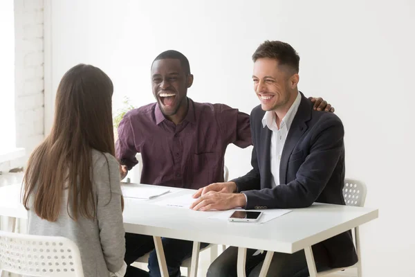 Multiracial hr managers laughing at funny joke interviewing woma — Stock Photo, Image