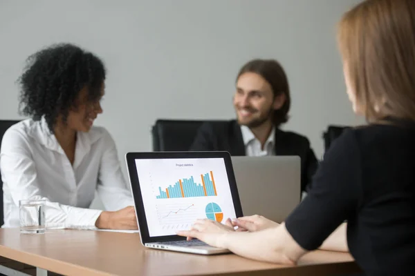Businesswoman working with project statistics preparing report a — Stock Photo, Image