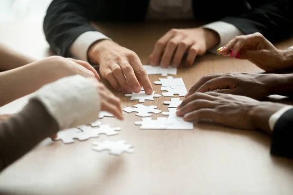 Finding Best Business Solutions Teamwork Concept Multiracial Team Assembling Puzzle — Stock Photo, Image