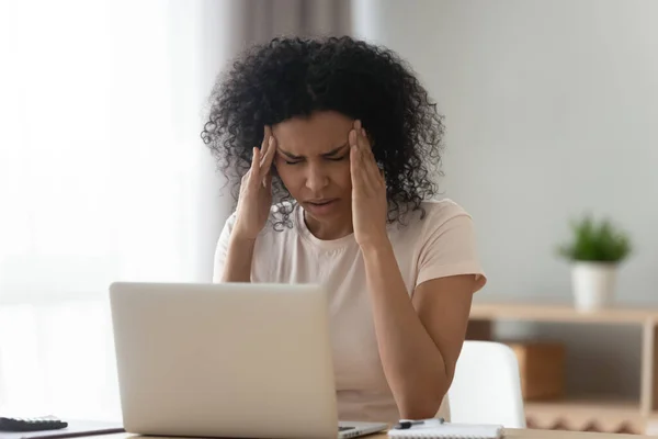 Unwell black girl massage head suffering from headache — Stock Photo, Image