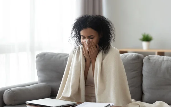 Sick african American girl fell unwell having flu — Stock Photo, Image