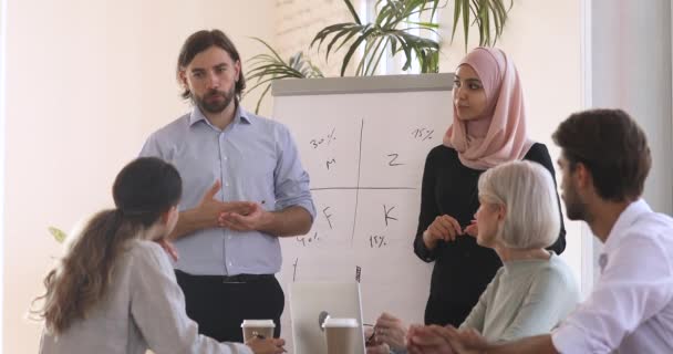 Dva různí přednášející tým vysvětlující projektový plán během workshopu — Stock video