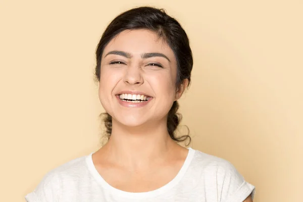 Head shot portrait excited beautiful Indian girl with healthy smile — Stock Photo, Image