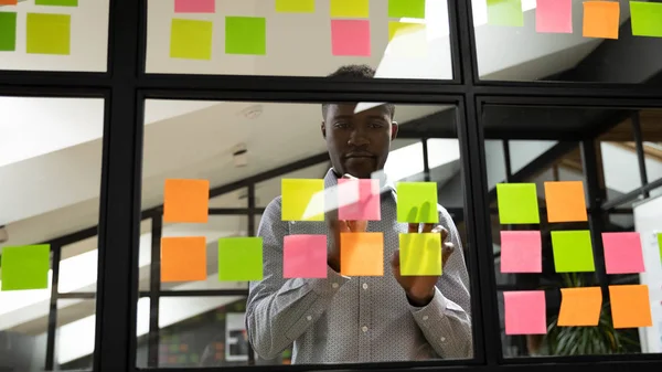 Focused millennial african american male manager organizing working process. — Stock Photo, Image