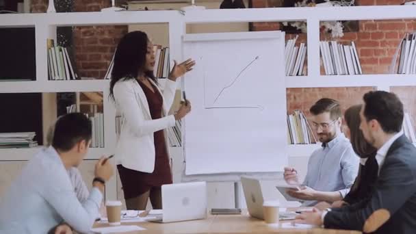 Žena černá trenér dát flip graf prezentaci na setkání kanceláře — Stock video