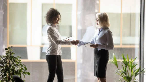 Diverse businesswomen handshake getting acquainted in office — ストック写真