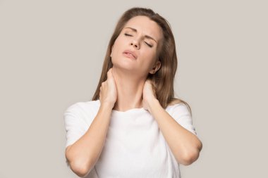 Tired upset woman massaging tensed neck muscles, stress relief clipart