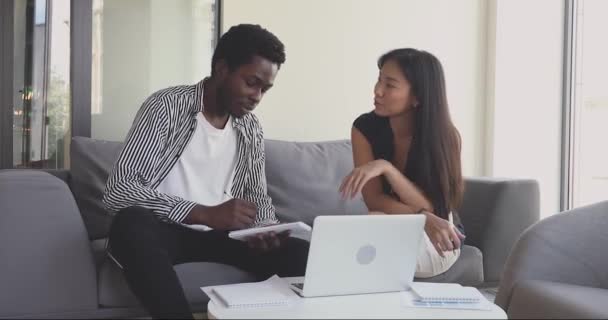 Jovens parceiros multirraciais felizes discutindo detalhes do projeto . — Vídeo de Stock