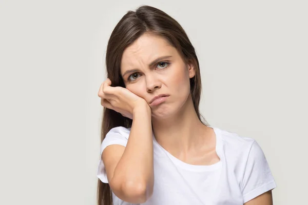 Headshot of young woman feeling toothache suffering from dental pain — ストック写真