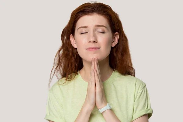 Millennial sincere female prayer asking for good luck. — Stock Photo, Image
