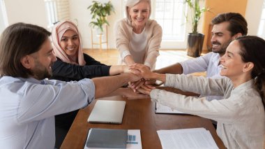 Coşkulu genç ve orta yaşlı çok ırklı takım arkadaşları el ele tutuşuyorlar..