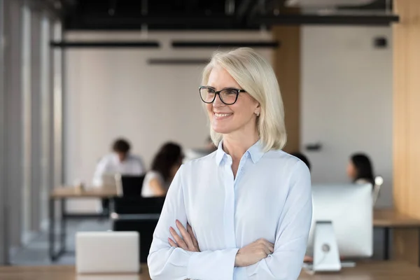 Lächeln reife Geschäftsfrau träumt im Büro, Business Vision Konzept — Stockfoto