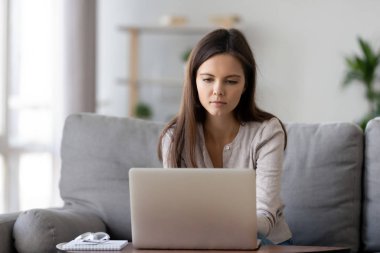 Odaklanmış kız evden bilgisayarı kullanarak kanepeye oturur.