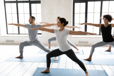 Çeşitli gençler yoga yapıyor, Savaşçı 2 egzersizi yapıyor.