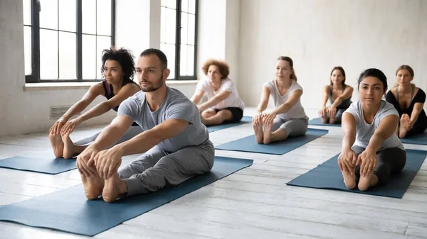 Eğitmenle yoga yapan farklı insanlar, eğilip eğilme egzersizi yapıyorlar.