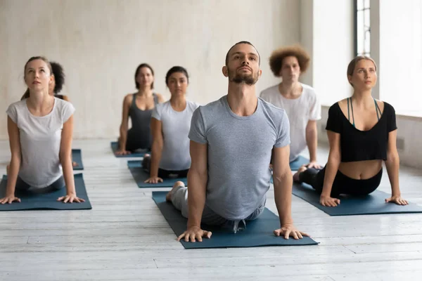 Diverse persone che fanno esercizio cobra a lezione di gruppo, praticare yoga — Foto Stock