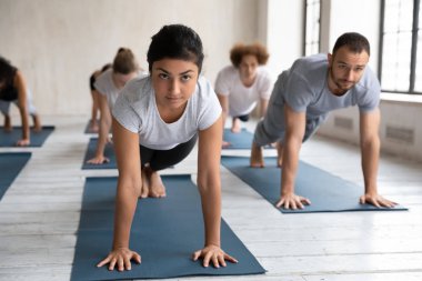Çeşitli insanlar grup dersinde yoga yapıyor, Plank egzersizi yapıyor.